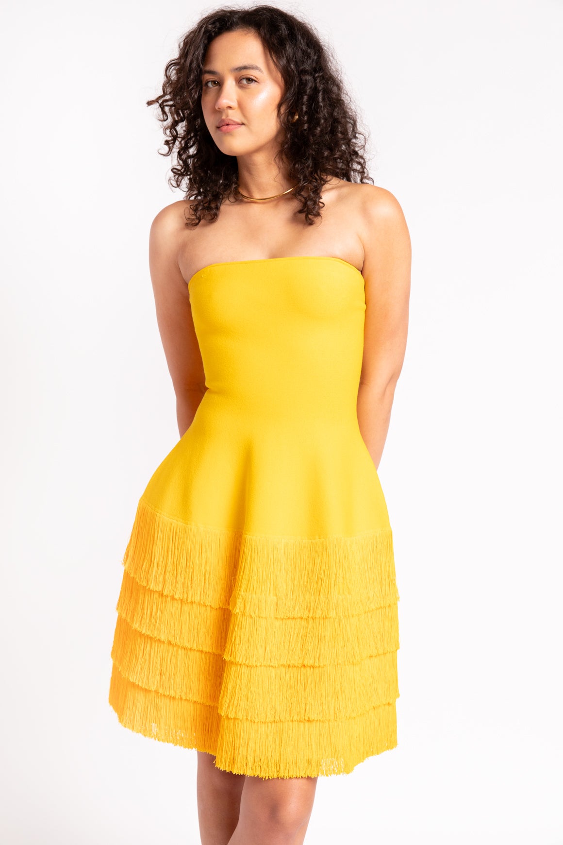 PROENZA SCHOULER Yellow Fringe Strapless Mini Dress
