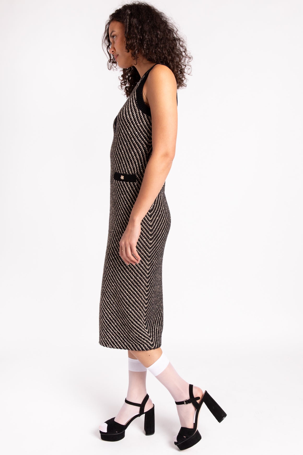 CHANEL Black & Gold Sequined Knit Midi Dress