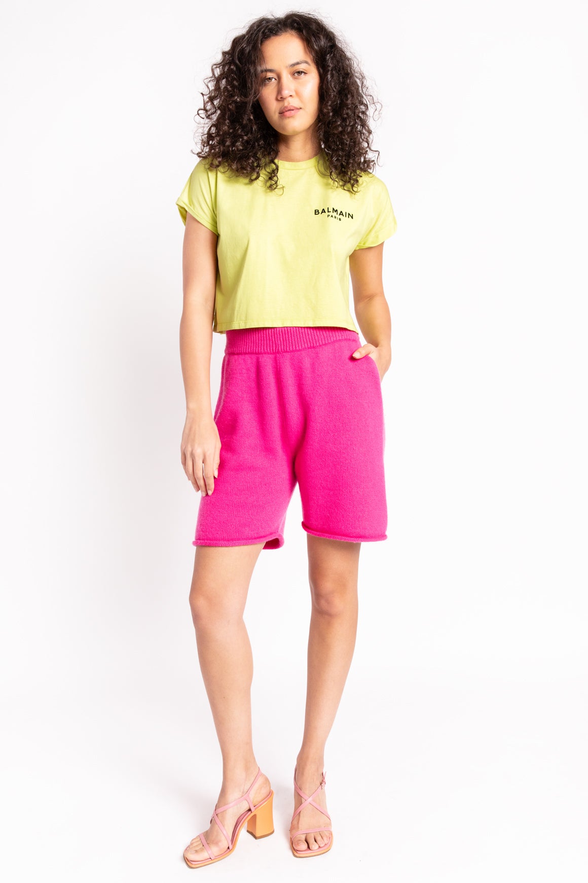 BALMAIN Neon Green Cropped Logo T-Shirt