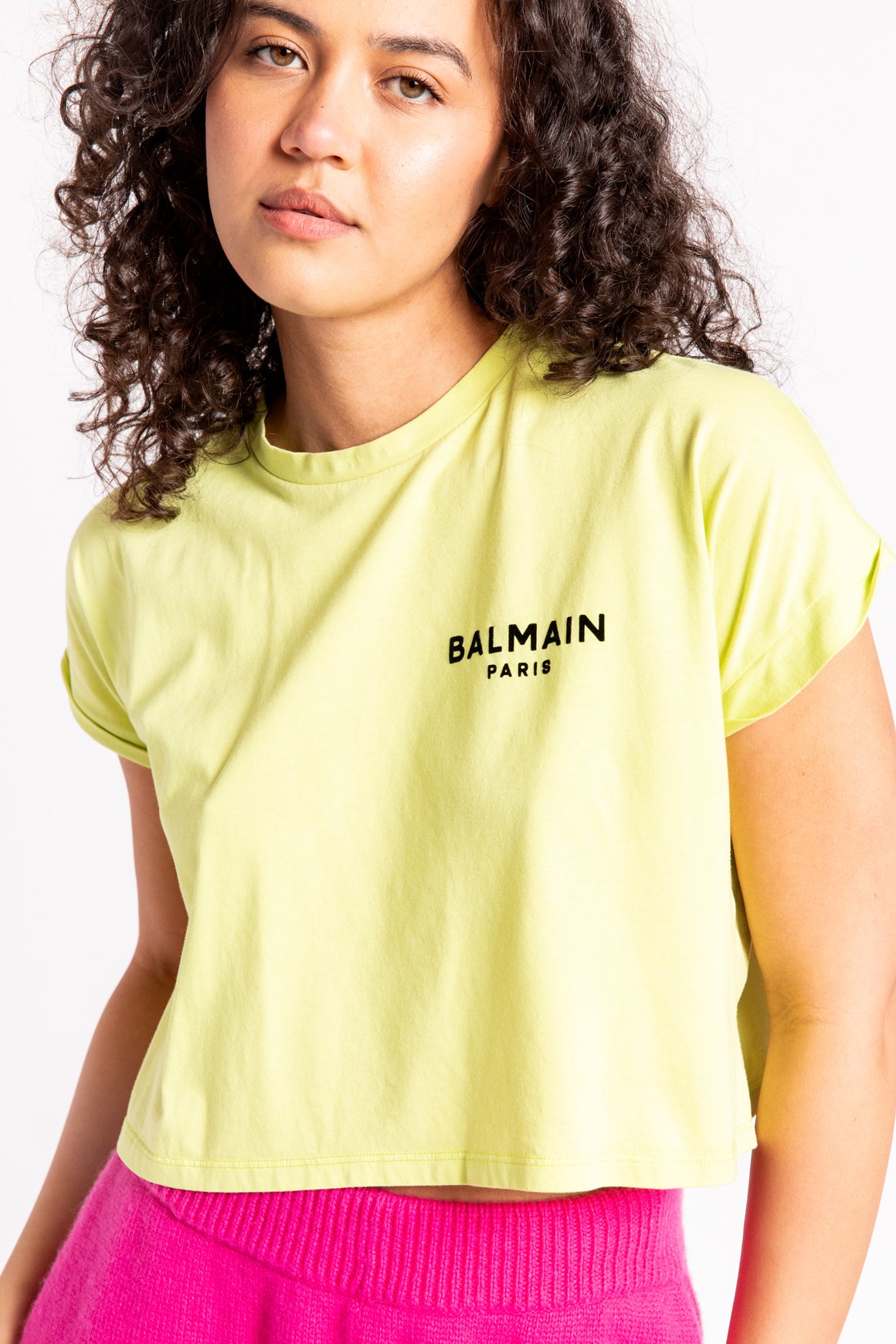 BALMAIN Neon Green Cropped Logo T-Shirt