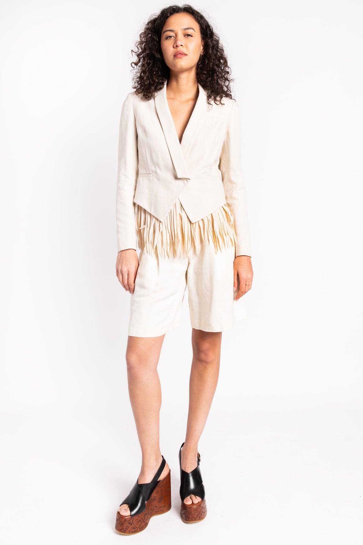 BRUNELLO CUCINELLI Cream Cropped Fringe Blazer