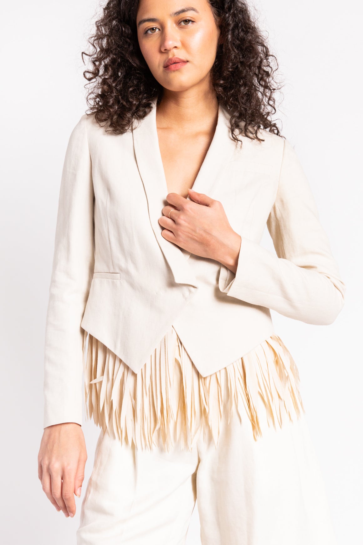 BRUNELLO CUCINELLI Cream Cropped Fringe Blazer