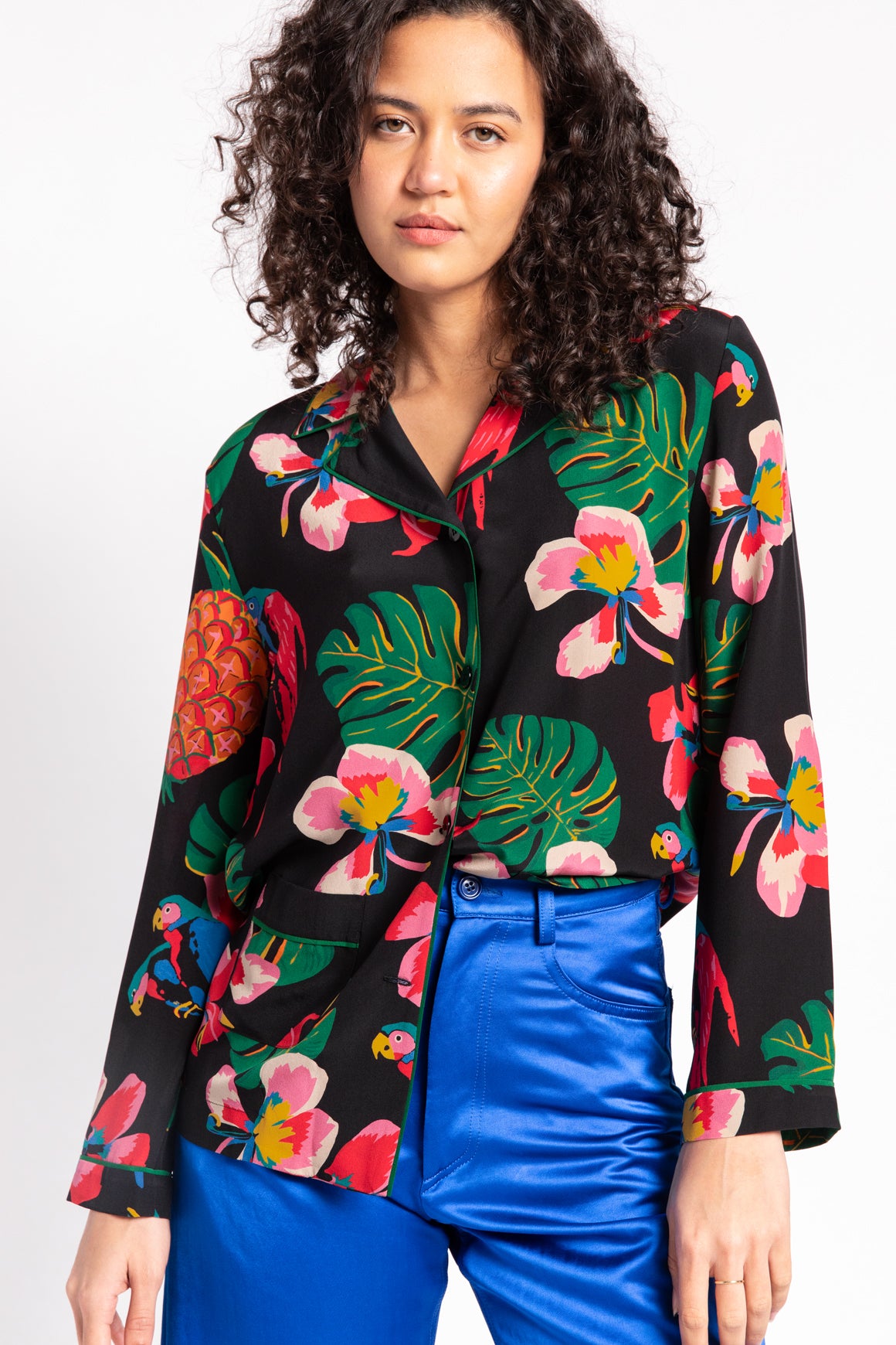VALENTINO Black Printed Silk Camp Collar Shirt
