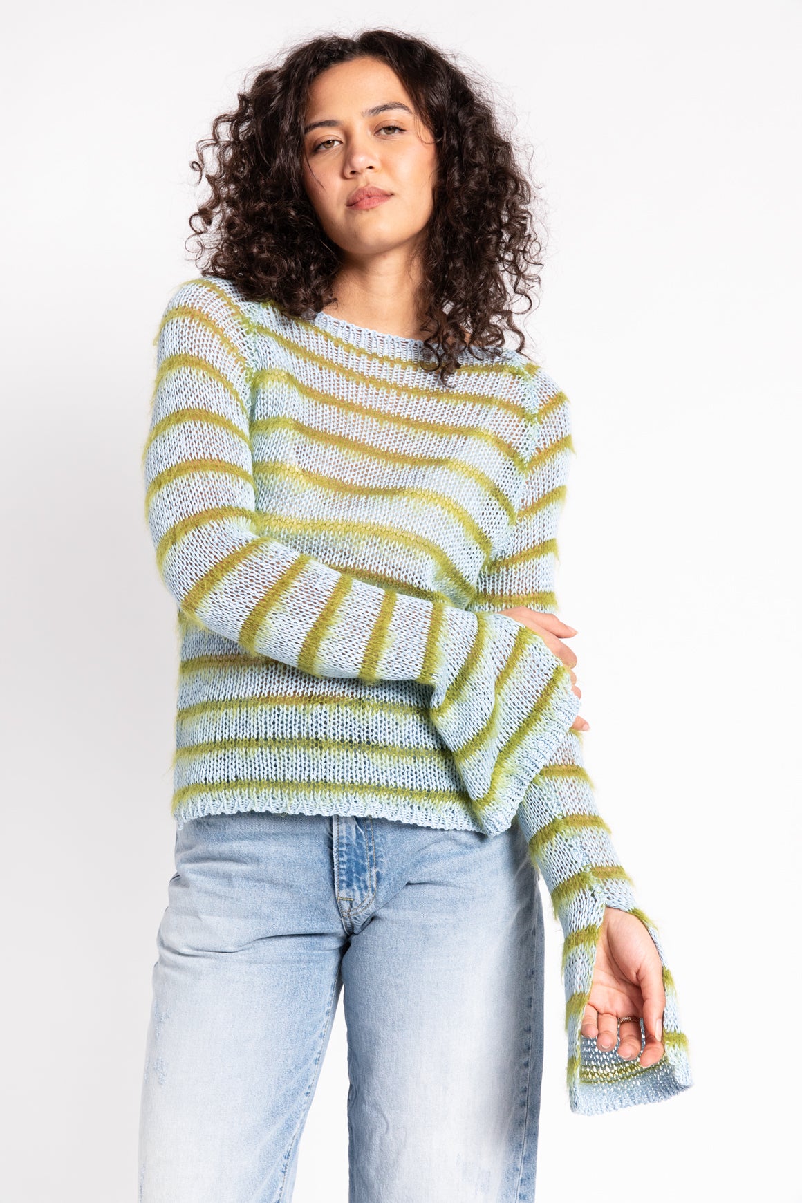 MARNI Teal & Green Striped Open-Knit Sweater