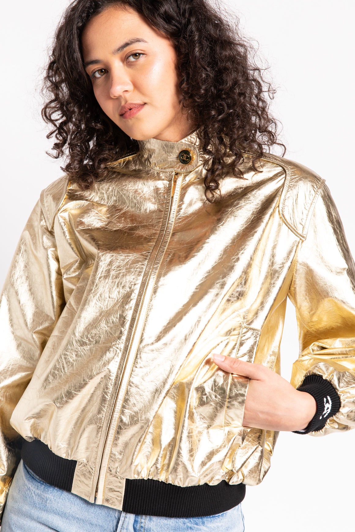 CHANEL Gold Leather Monte Carlo Bomber Jacket
