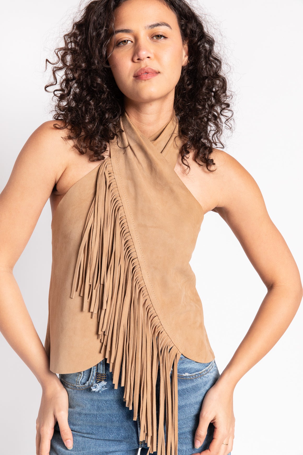 JOHANNA ORTIZ Tan Suede "Sonora" Fringe Top