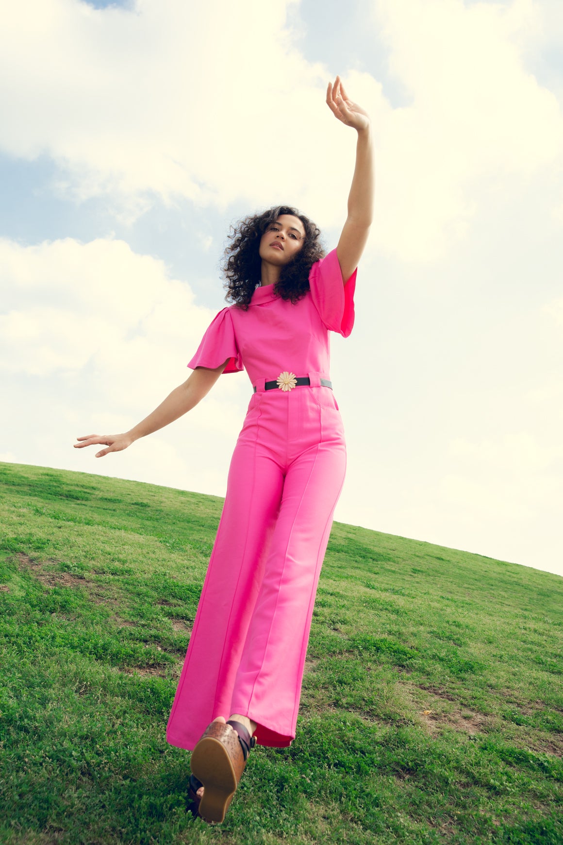 BRANDON MAXWELL Hot Pink Flutter-Sleeve Jumpsuit