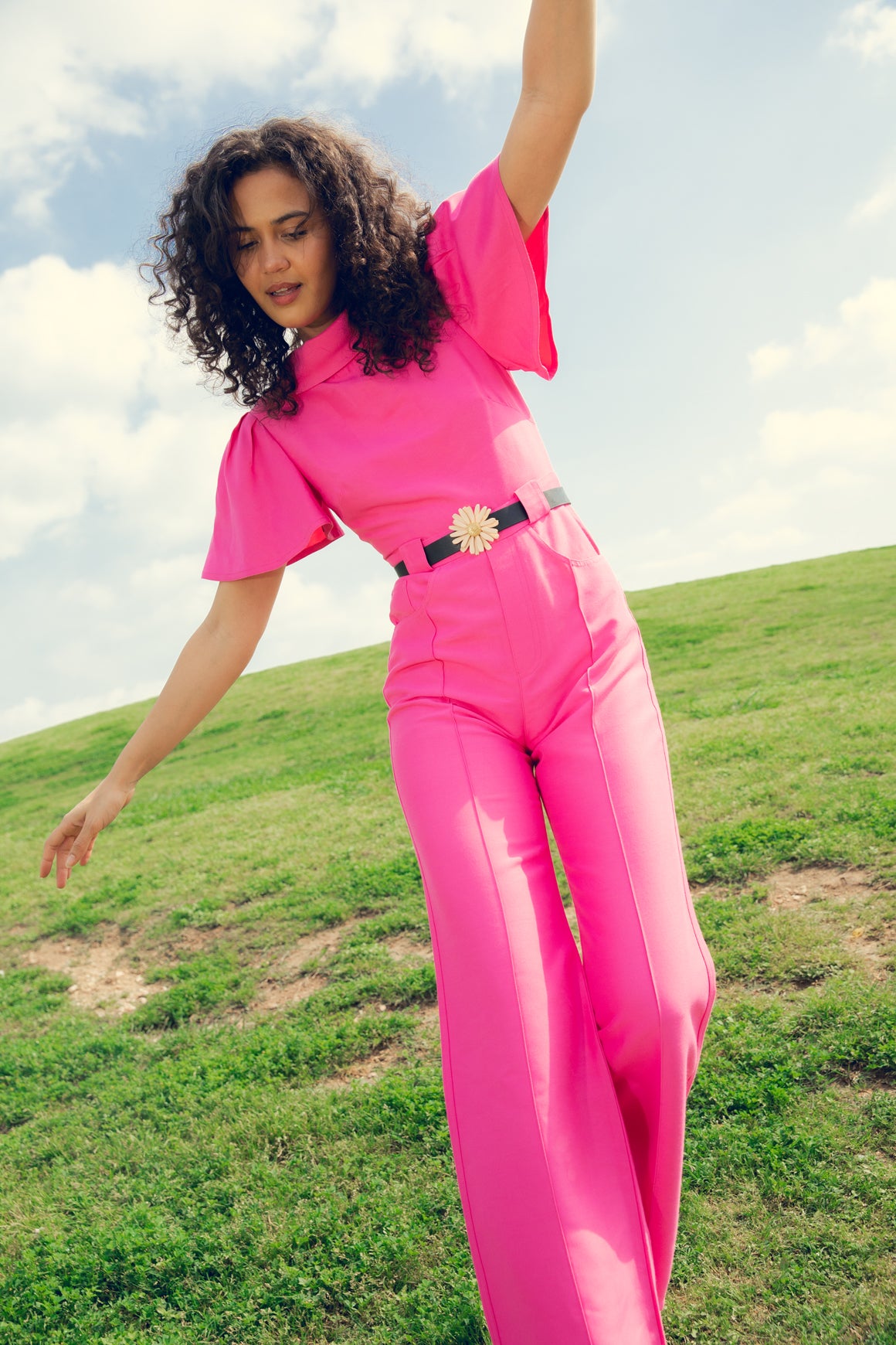 BRANDON MAXWELL Hot Pink Flutter-Sleeve Jumpsuit
