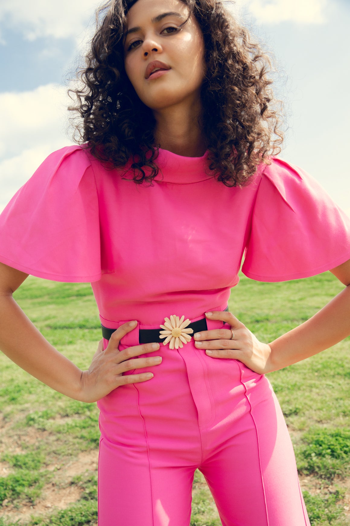 BRANDON MAXWELL Hot Pink Flutter-Sleeve Jumpsuit