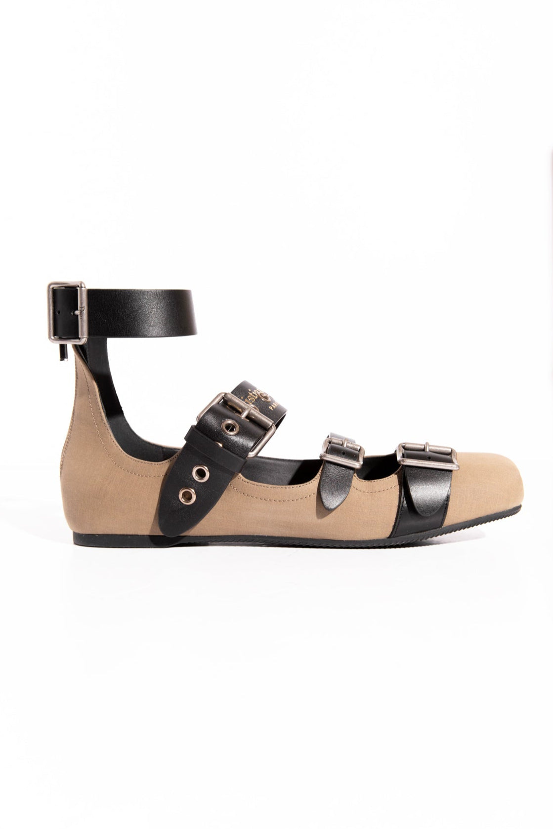 CHRISTIAN DIOR Green Satin Black Leather Punk Ballet Flats (Sz. 38)