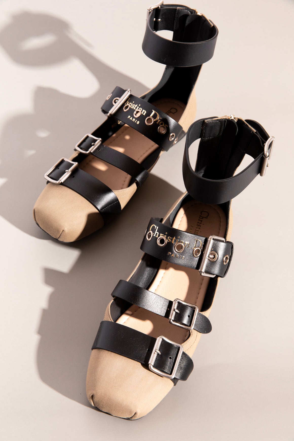 CHRISTIAN DIOR Green Satin Black Leather Punk Ballet Flats (Sz. 38)