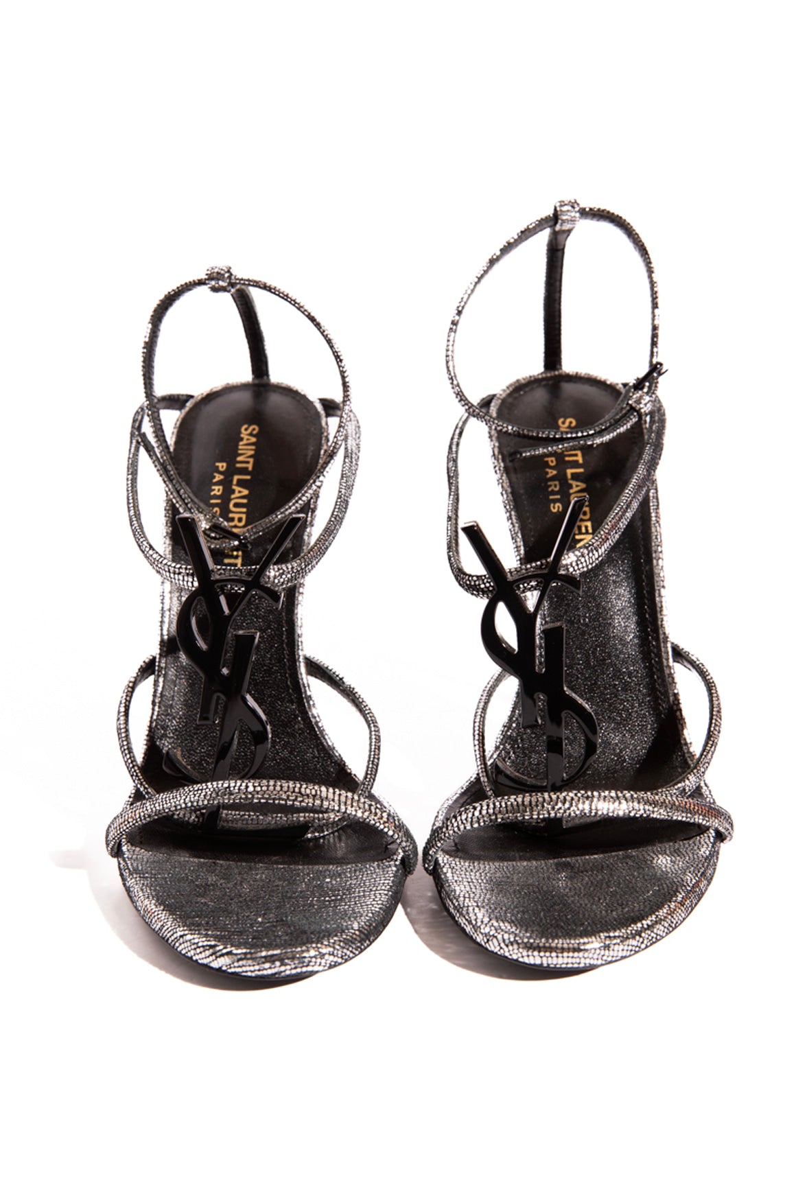 SAINT LAURENT Silver Cassandra Heels (Sz. 36.5)