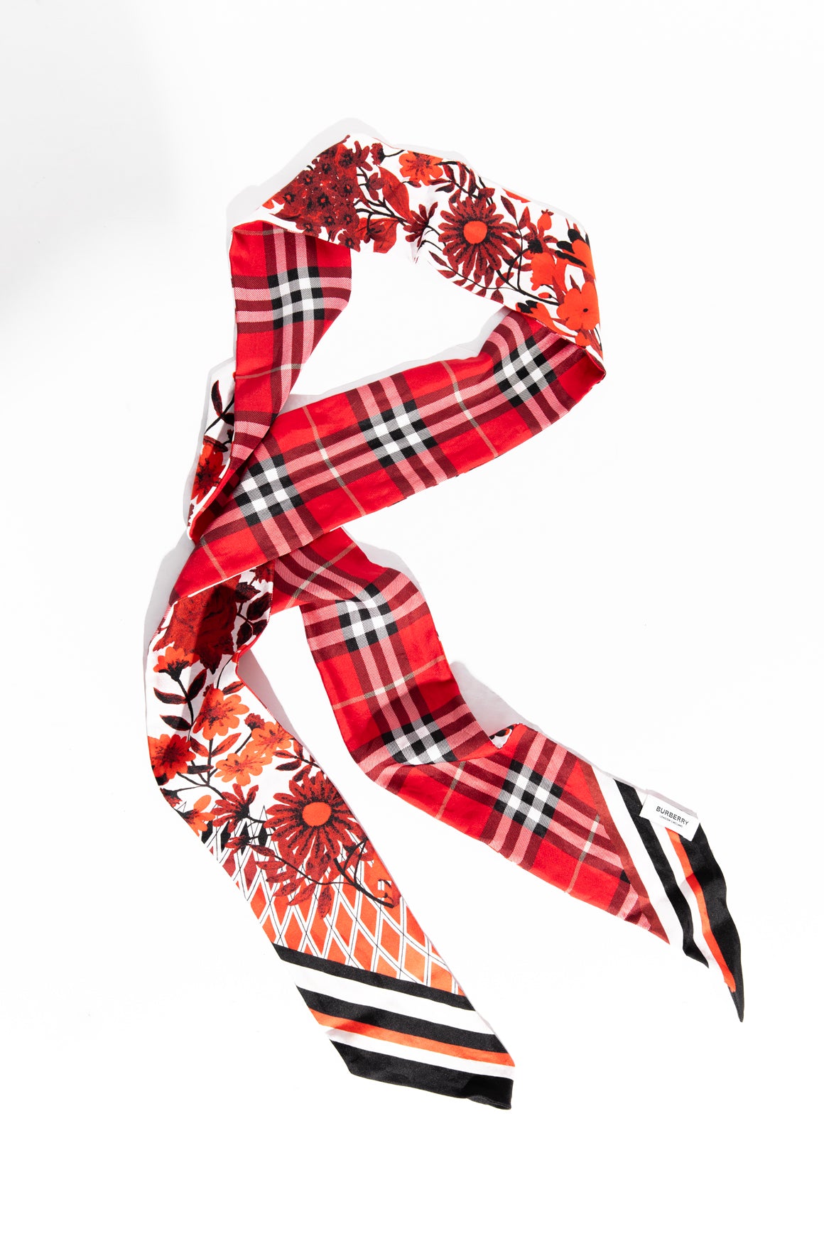 BURBERRY Red Floral & Plaid Silk Twilly Scarf