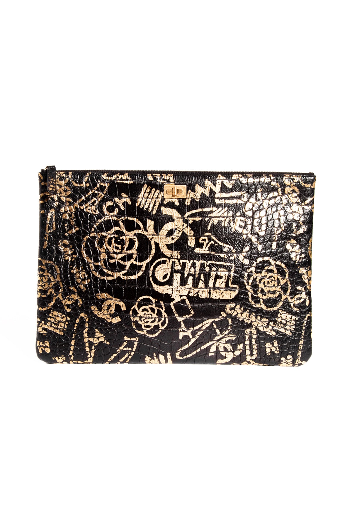 CHANEL 2019 Black & Gold Graffiti 2.55 O Case Clutch