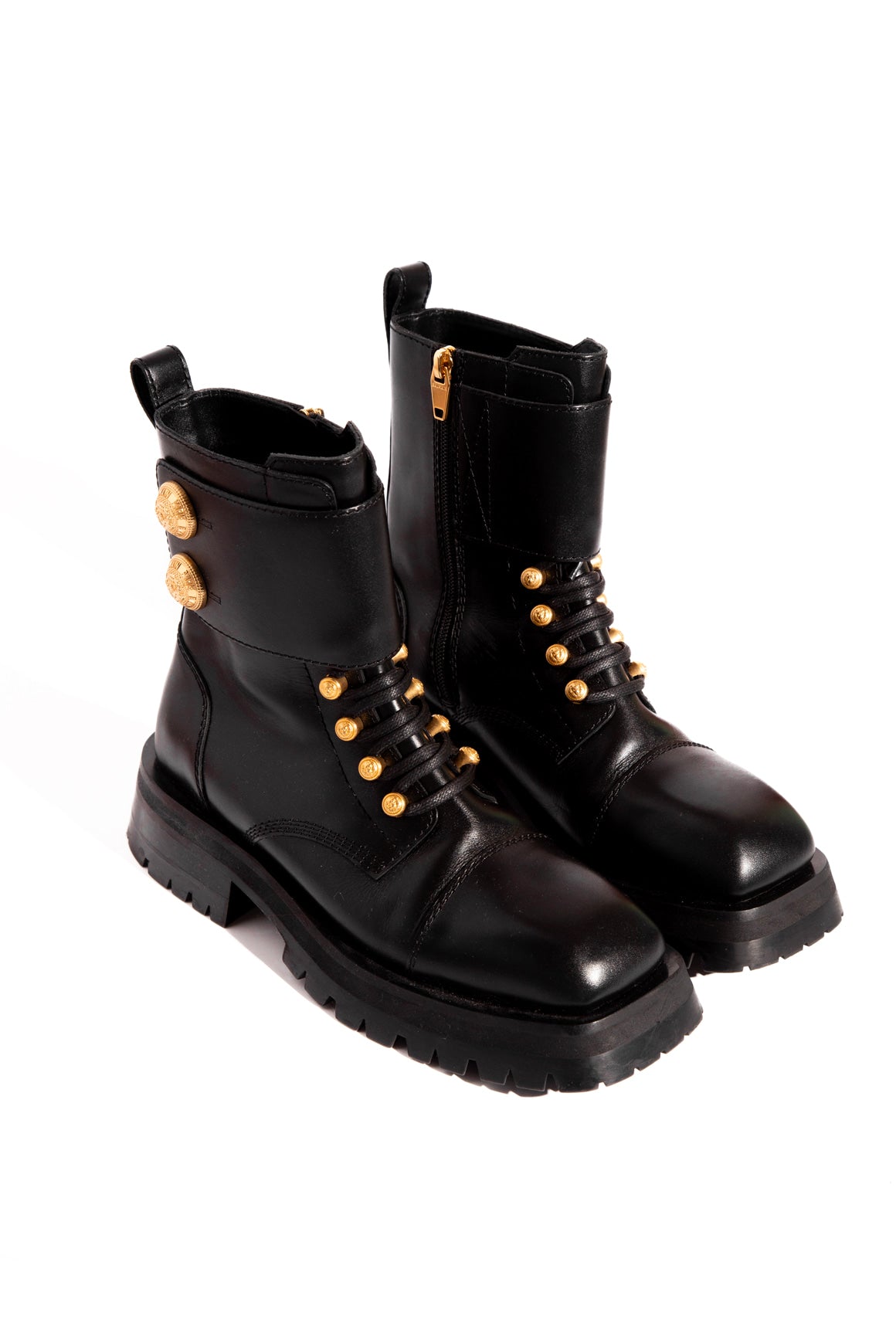 BALMAIN Black Leather Gold Button Lace Up Combat Boots (Sz. 38.5)