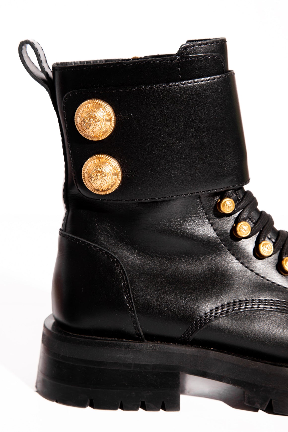 BALMAIN Black Leather Gold Button Lace Up Combat Boots (Sz. 38.5)