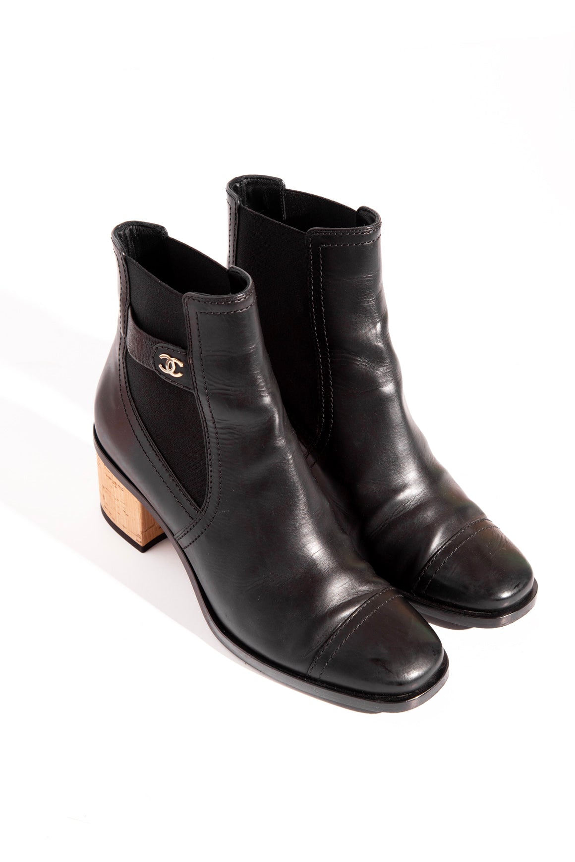 CHANEL Black Leather Cork Heel Chelsea Booties (Sz.38)