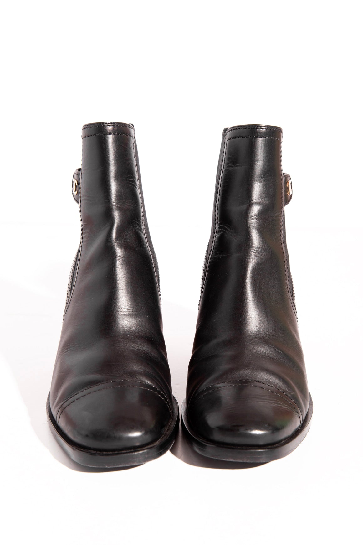 CHANEL Black Leather Cork Heel Chelsea Booties (Sz.38)