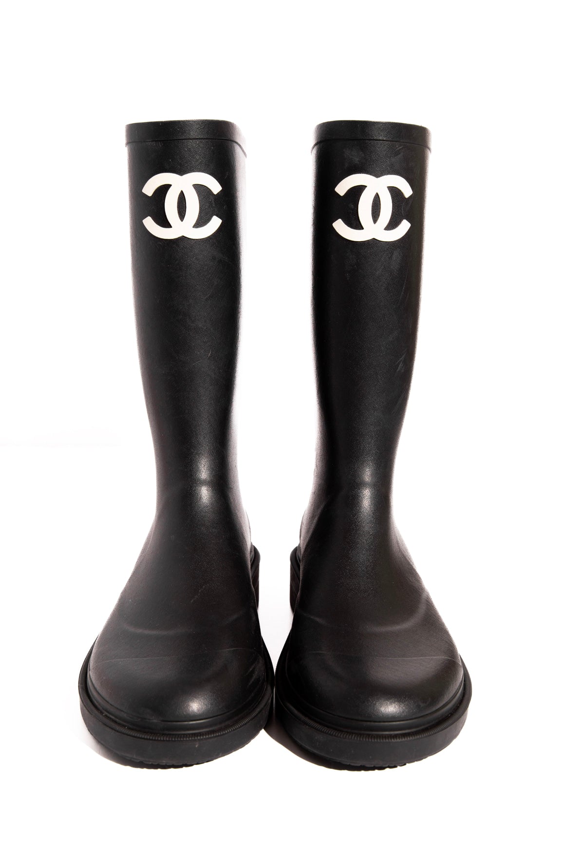 CHANEL Black Rubber Knee High Wellington Rainboots (Sz.40)