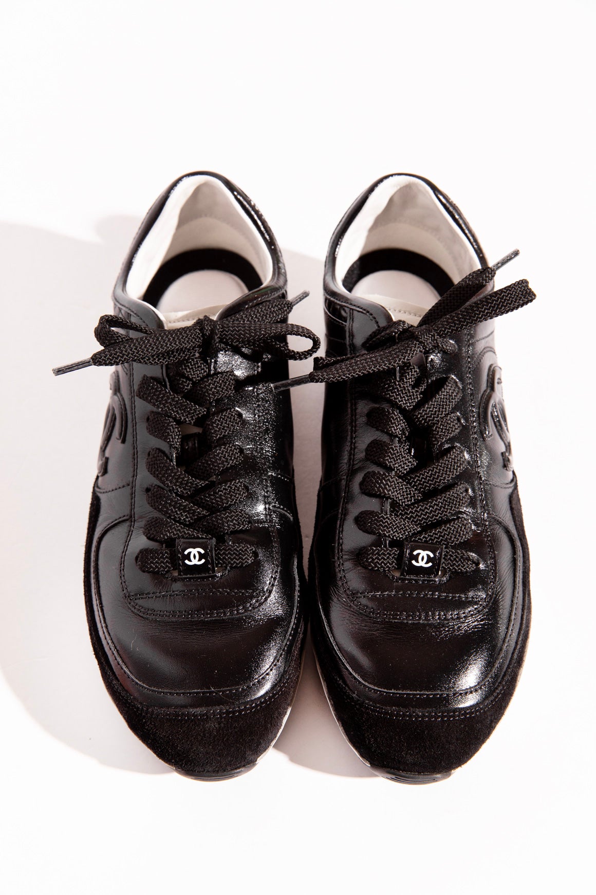CHANEL Black Leather CC Low Top Sneakers (Sz.38.5)