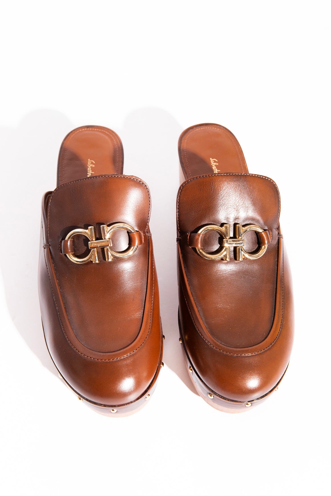 FERRAGAMO Brown Leather "Cleome" Clog Mules (Sz. 8)