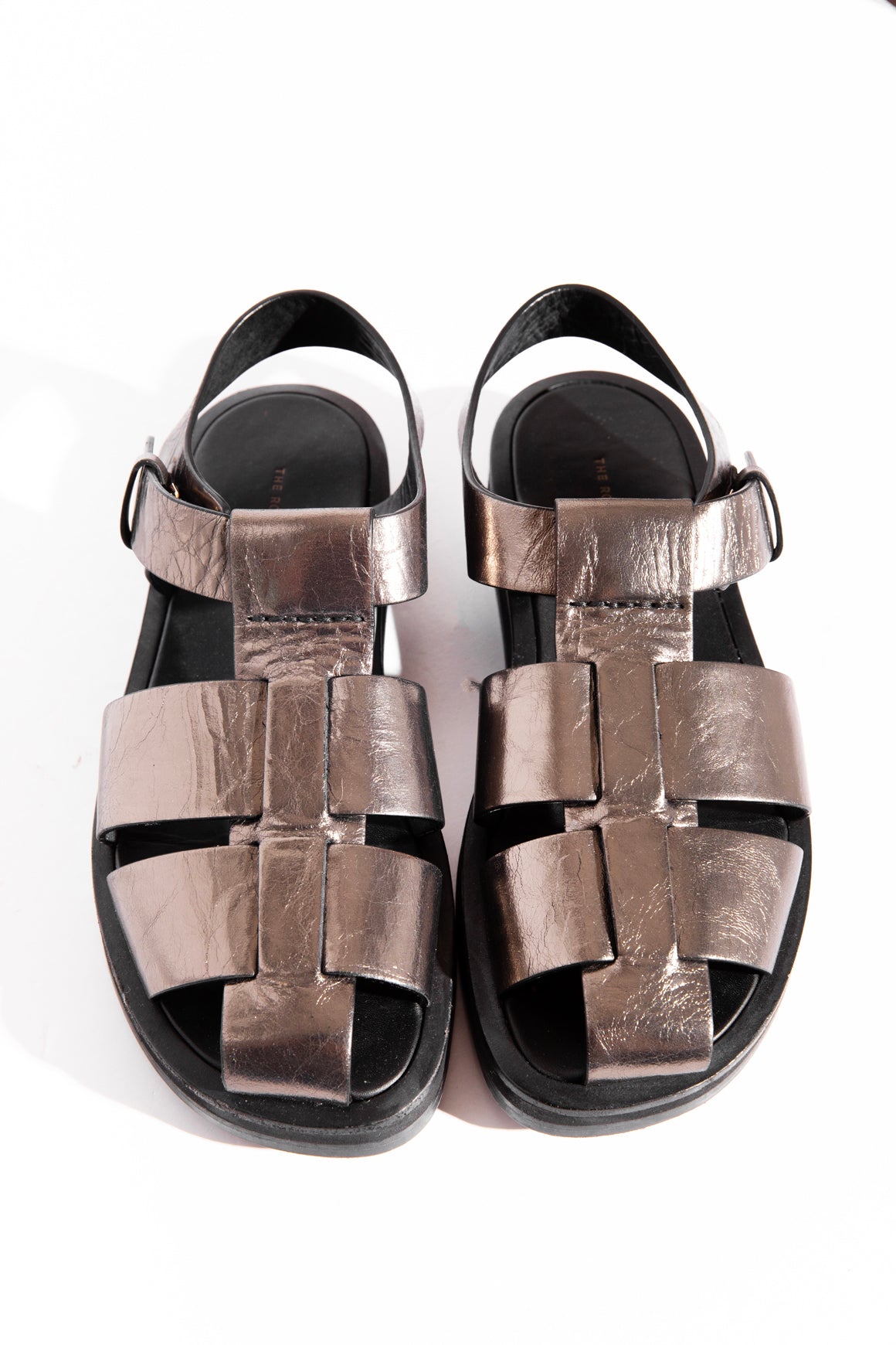 THE ROW Metallic Gunmetal Leather Fisherman Sandals (Sz. 39)