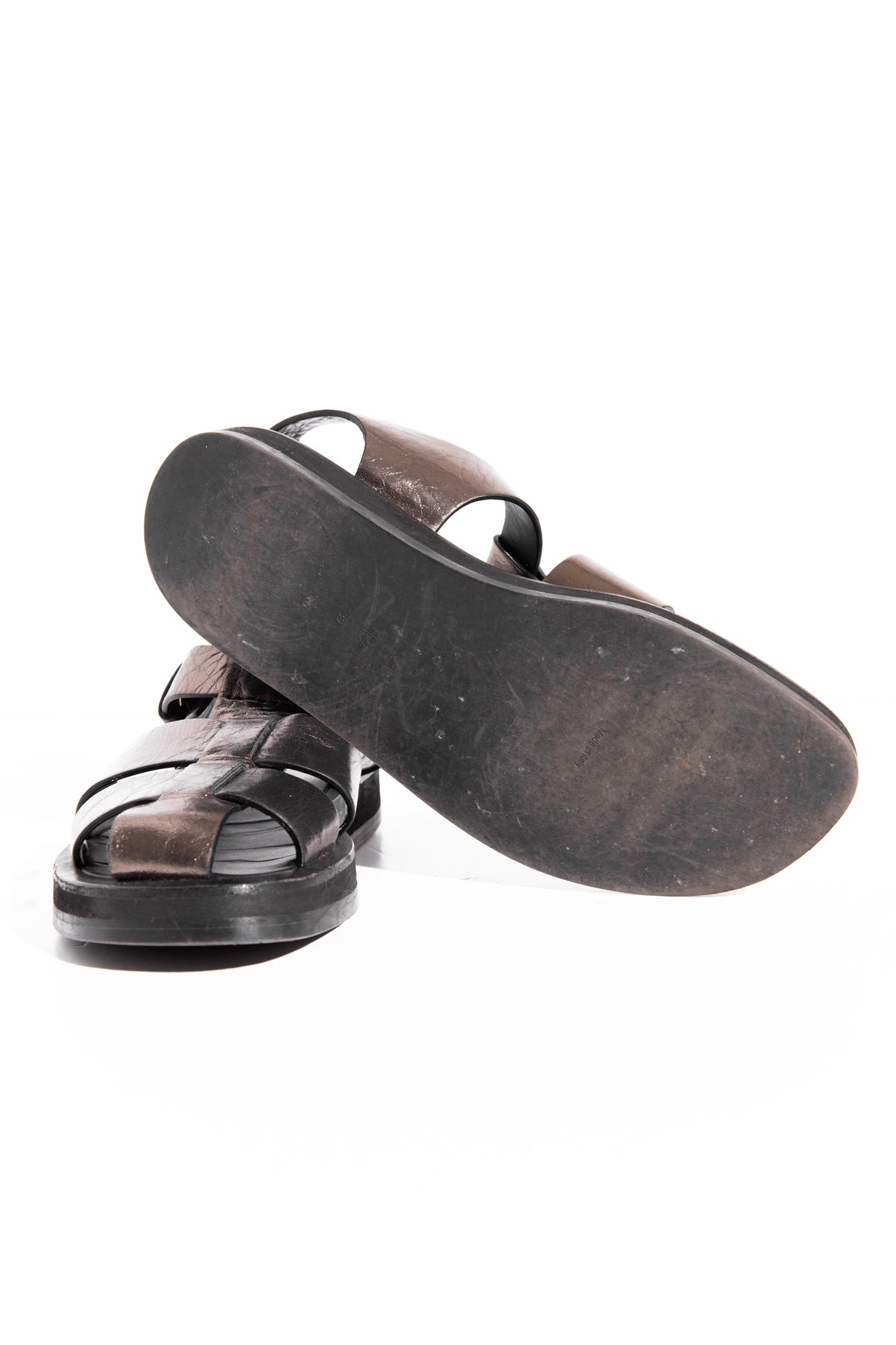 THE ROW Metallic Gunmetal Leather Fisherman Sandals (Sz. 39)
