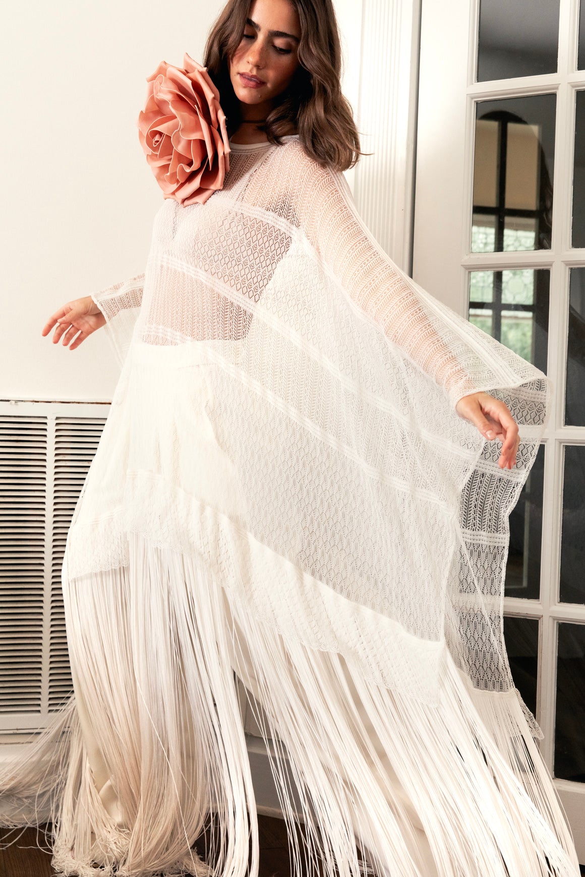RALPH LAUREN White Lace & Fringe Maxi Poncho (Sz. OS)