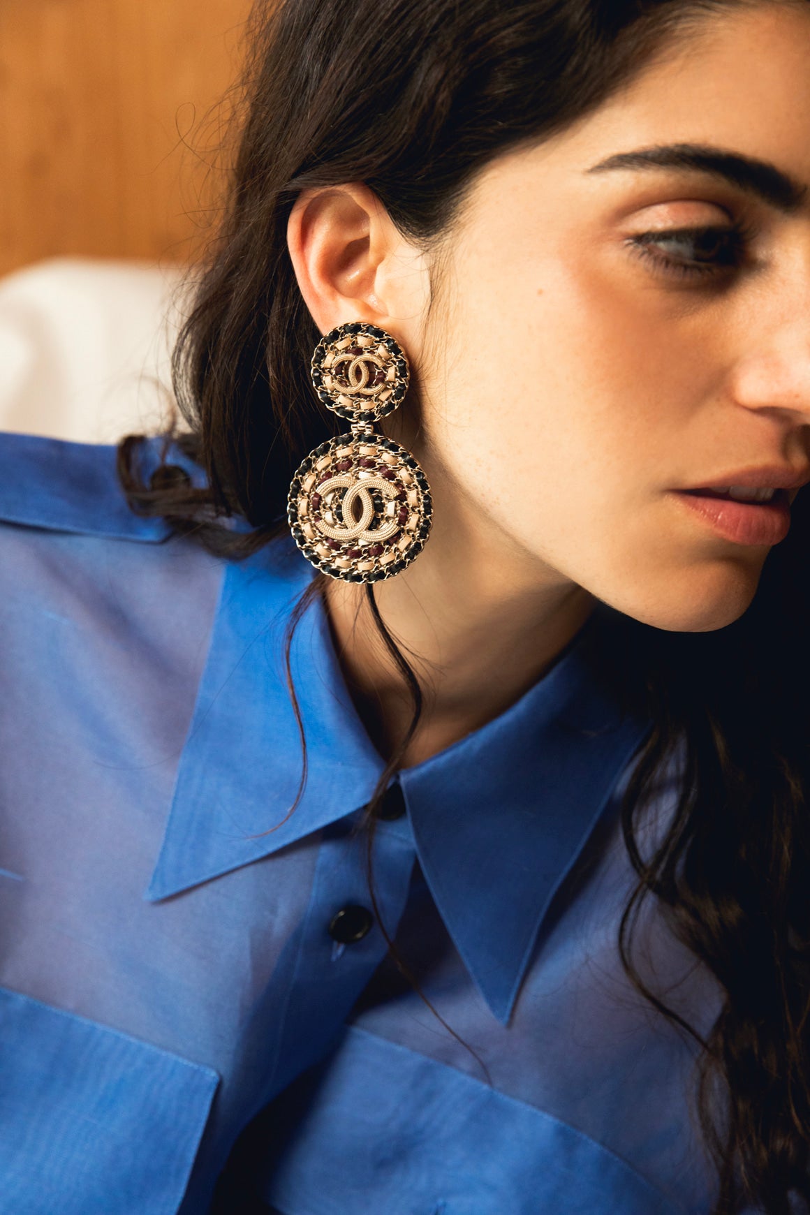 CHANEL 2019 Gold Braided Leather Medallion Clip Earrings