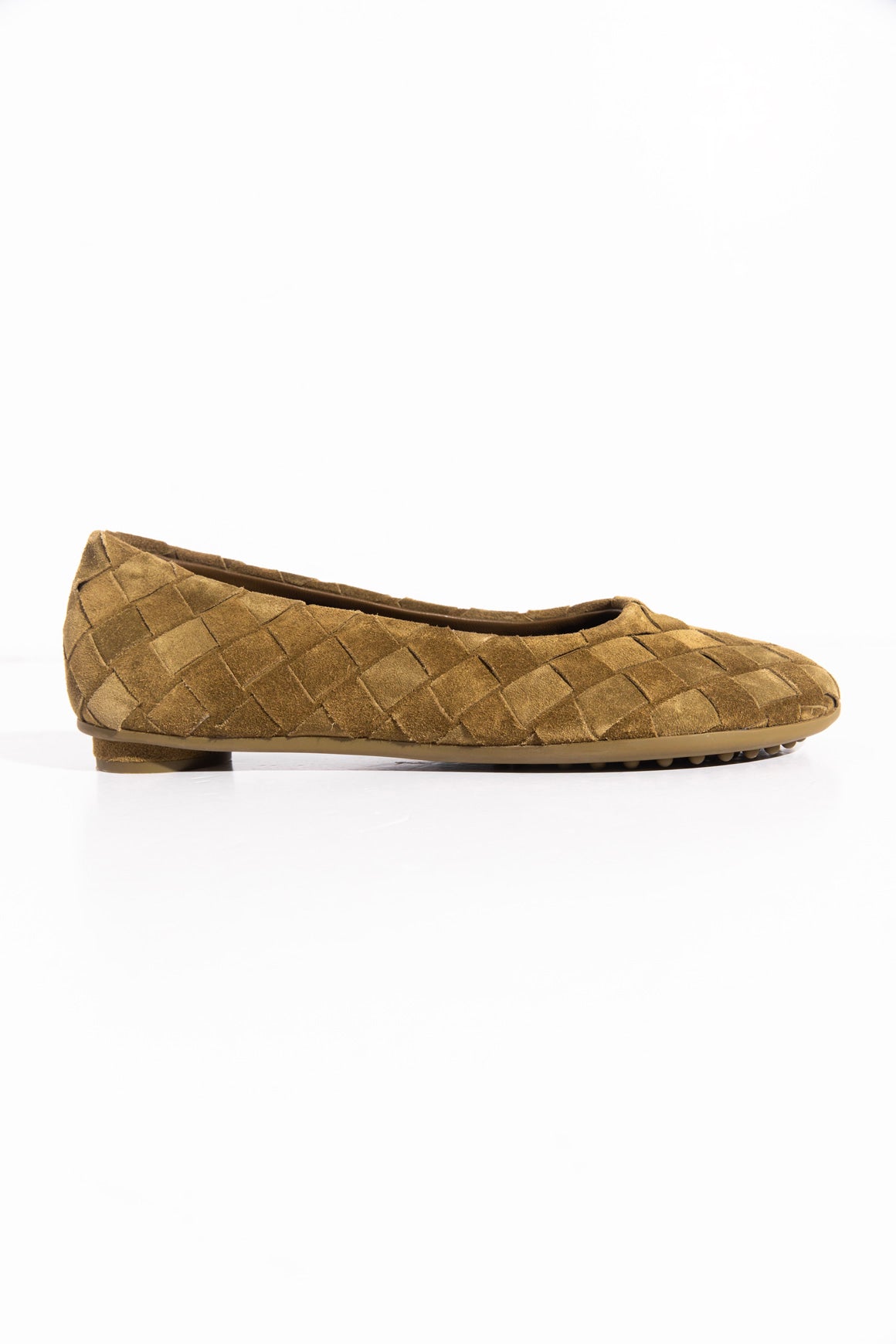 BOTTEGA VENETA Olive Suede Intrecciato Weave Flats (Sz.38)