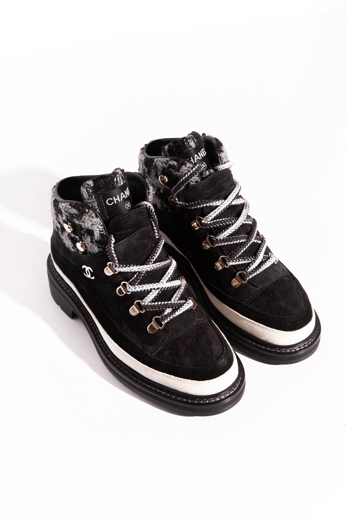 CHANEL Tweed Black & Grey Suede Ankle Boots (Sz.7.5)