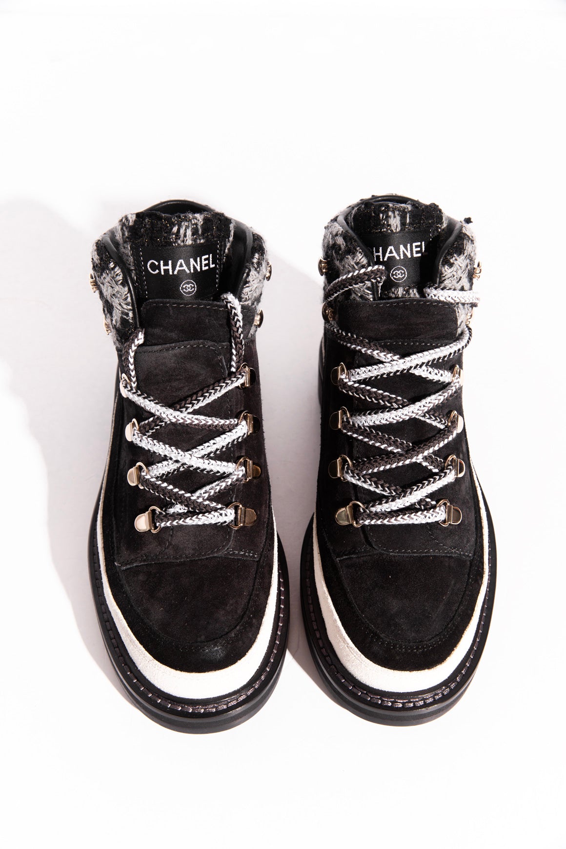 CHANEL Tweed Black & Grey Suede Ankle Boots (Sz.7.5)