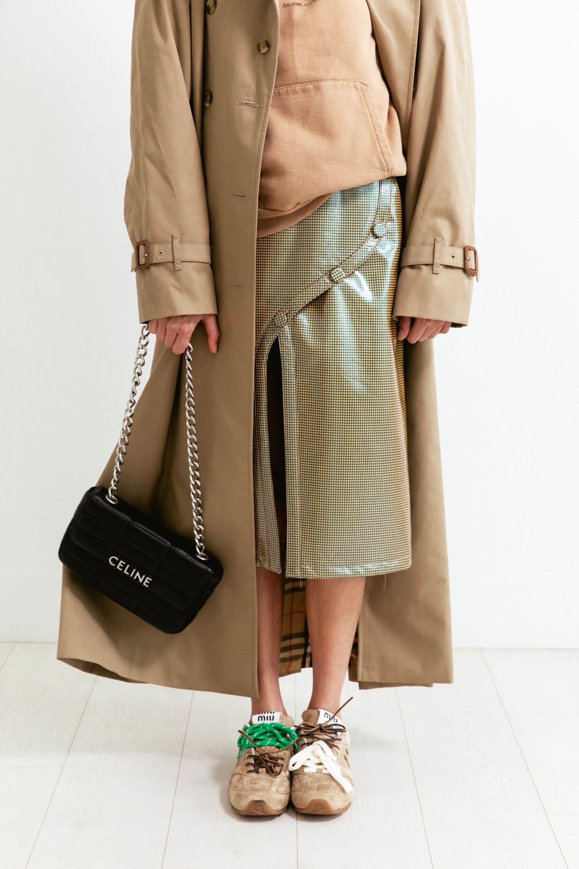 ROKH Iridescent Houndstooth Patent Leather Midi Skirt (Sz.S)