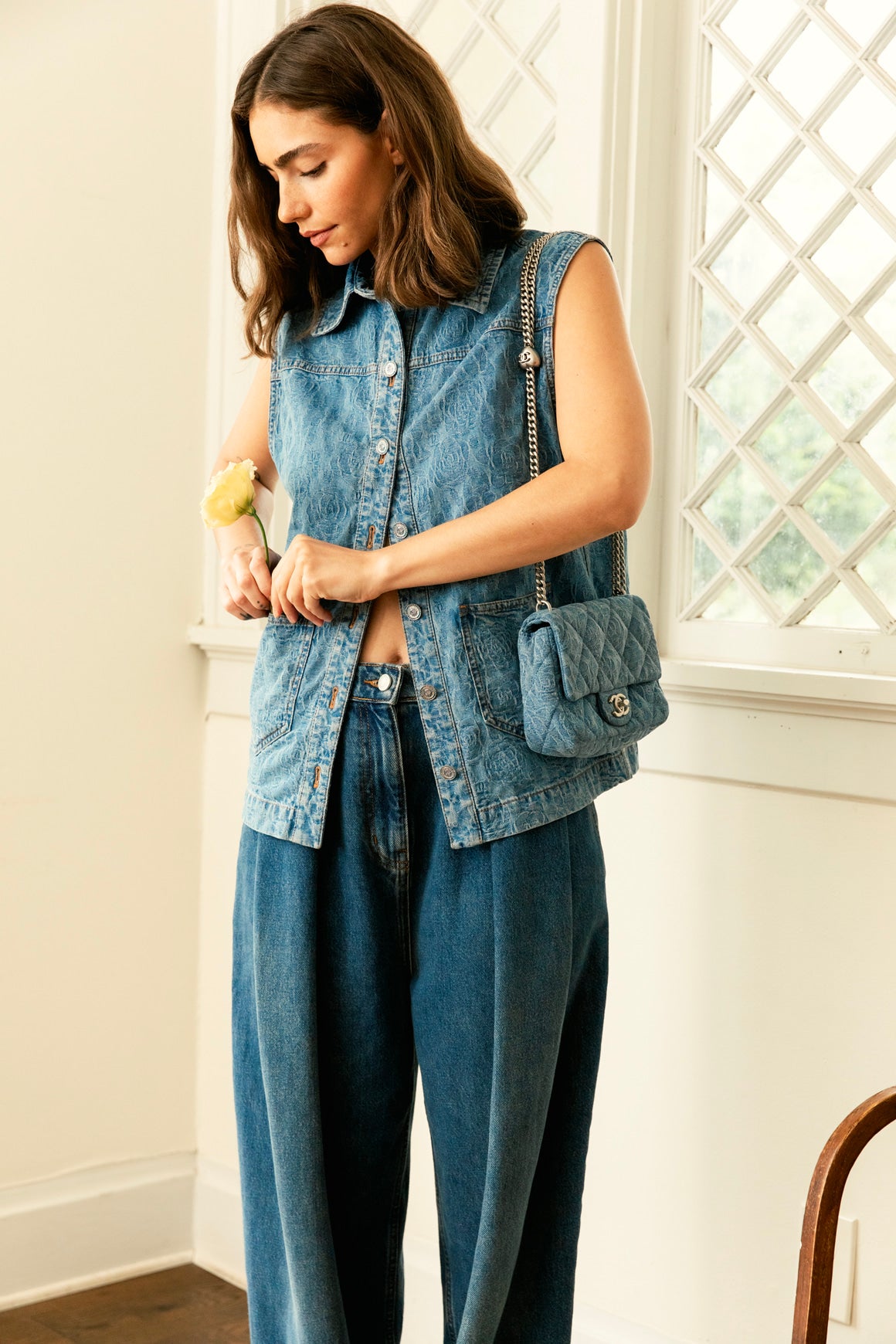 CHANEL Blue "Camellia" Denim Jacquard Rose Vest (Sz. XS)
