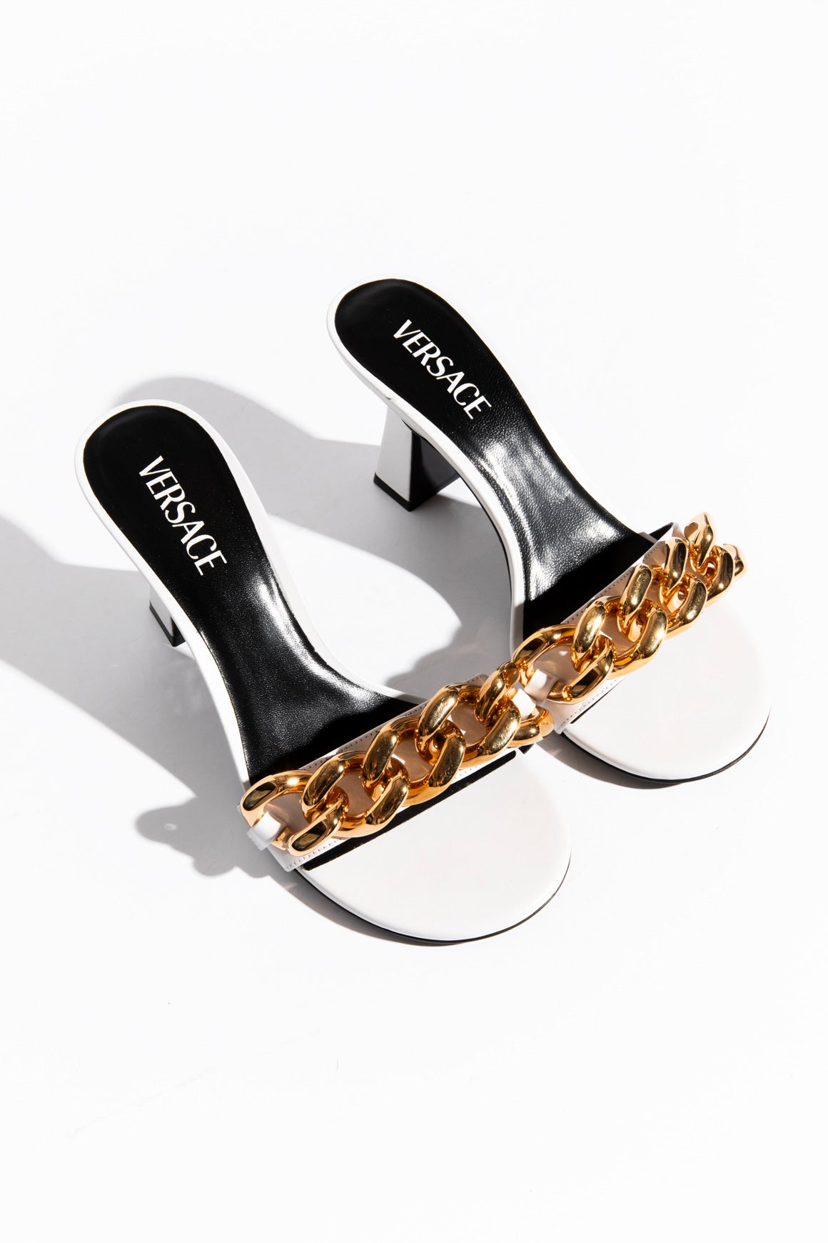 VERSACE White Leather Gold Chain Link Kitten Heels (Sz. 39)