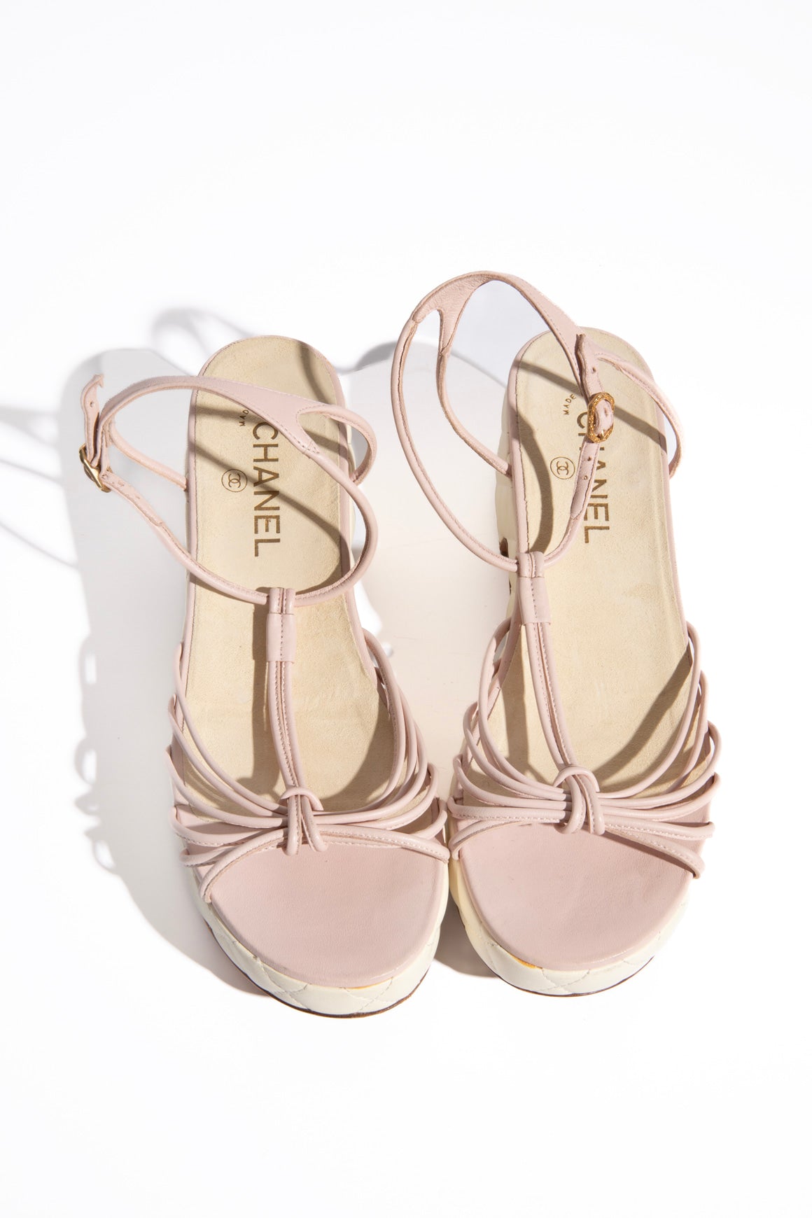 CHANEL Pink + Cream Quilted Platform Sandals (Sz. 39)
