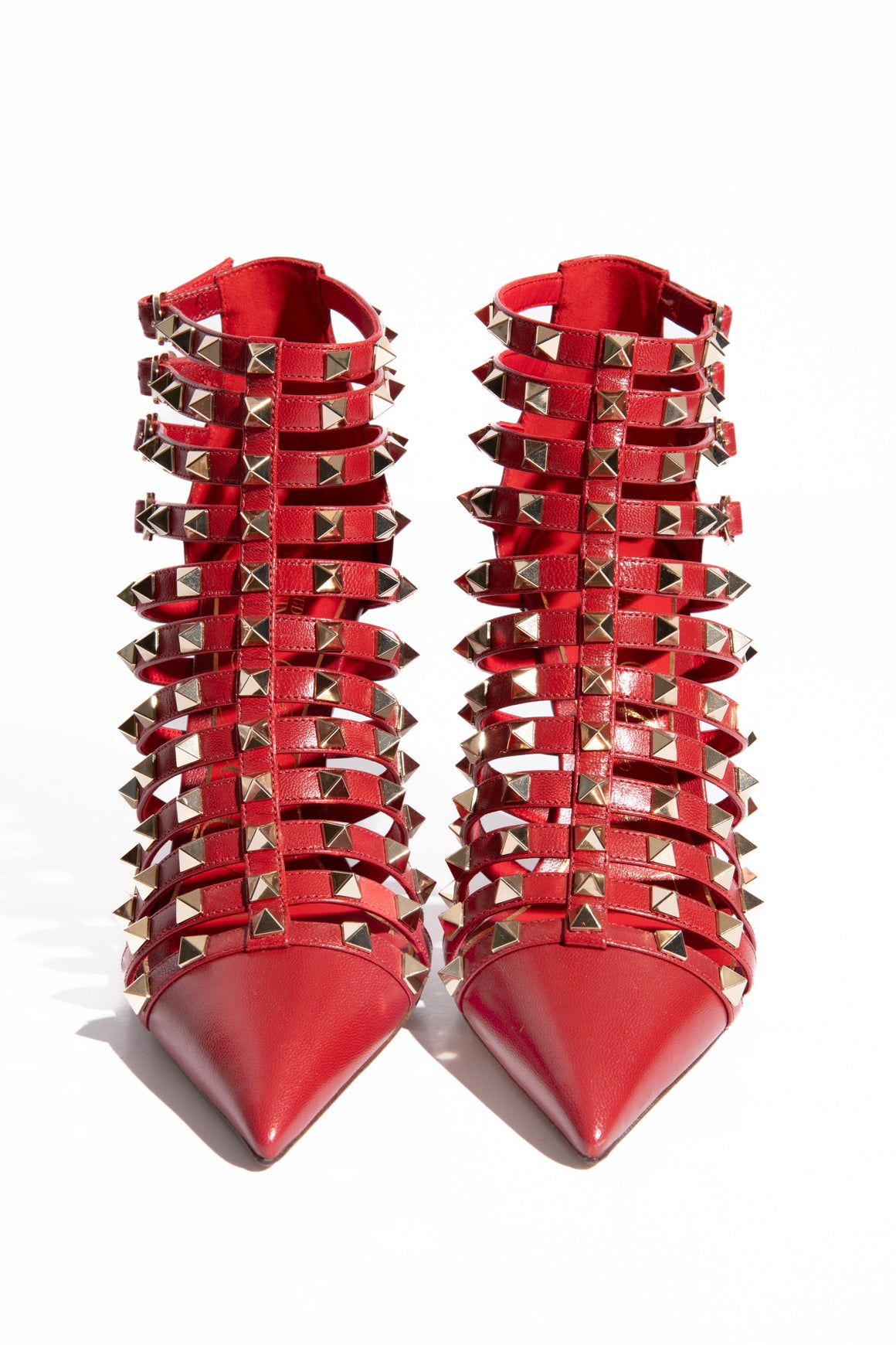 VALENTINO Red Leather Rockstud Caged Pumps (Sz. 37.5)