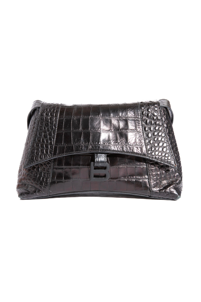 BALENCIAGA Black Croc Soft Hourglass Shoulder Bag