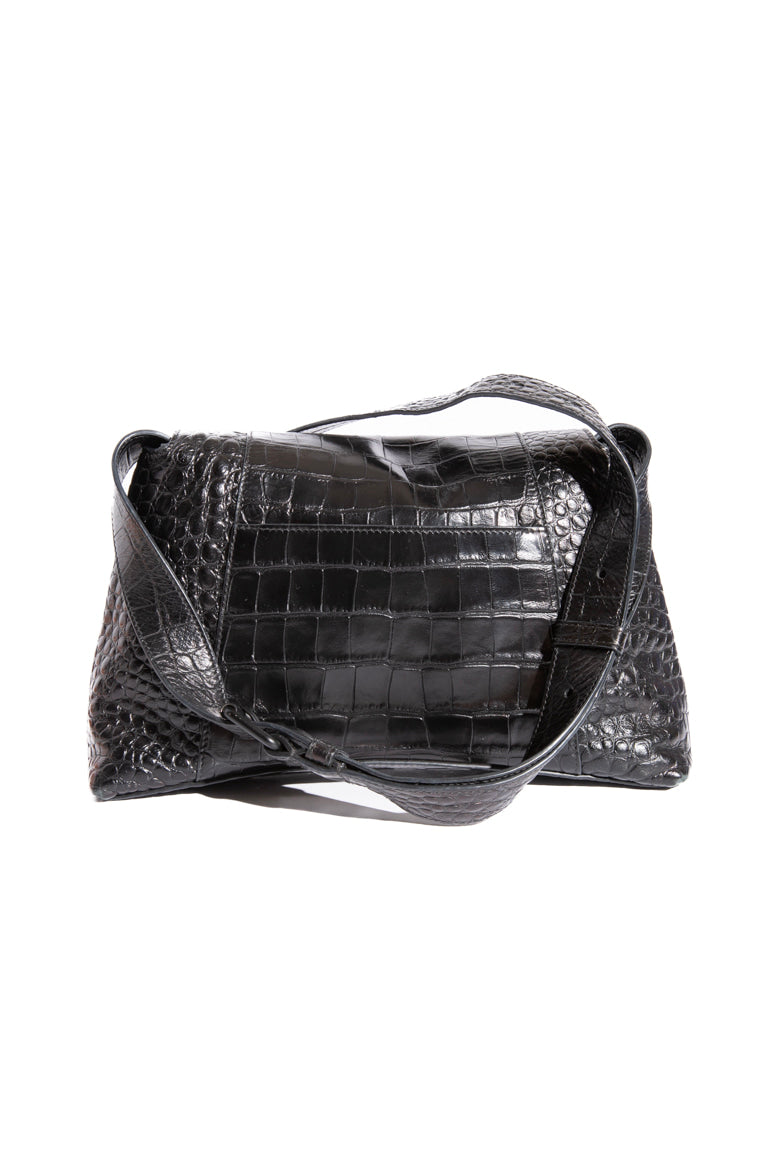 BALENCIAGA Black Croc Soft Hourglass Shoulder Bag