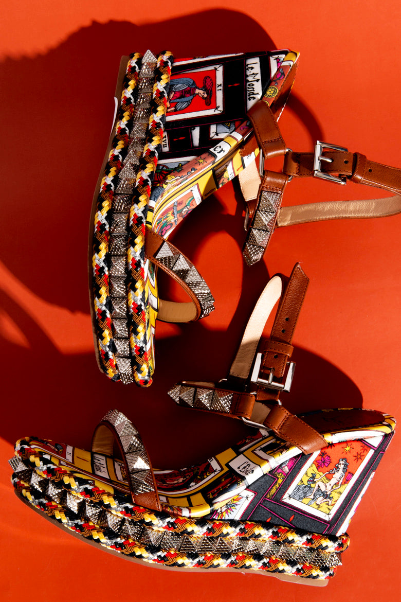 LOUBOUTIN Multi Color Pyraclou 110 Tarot Card Wedges (Sz. 37)