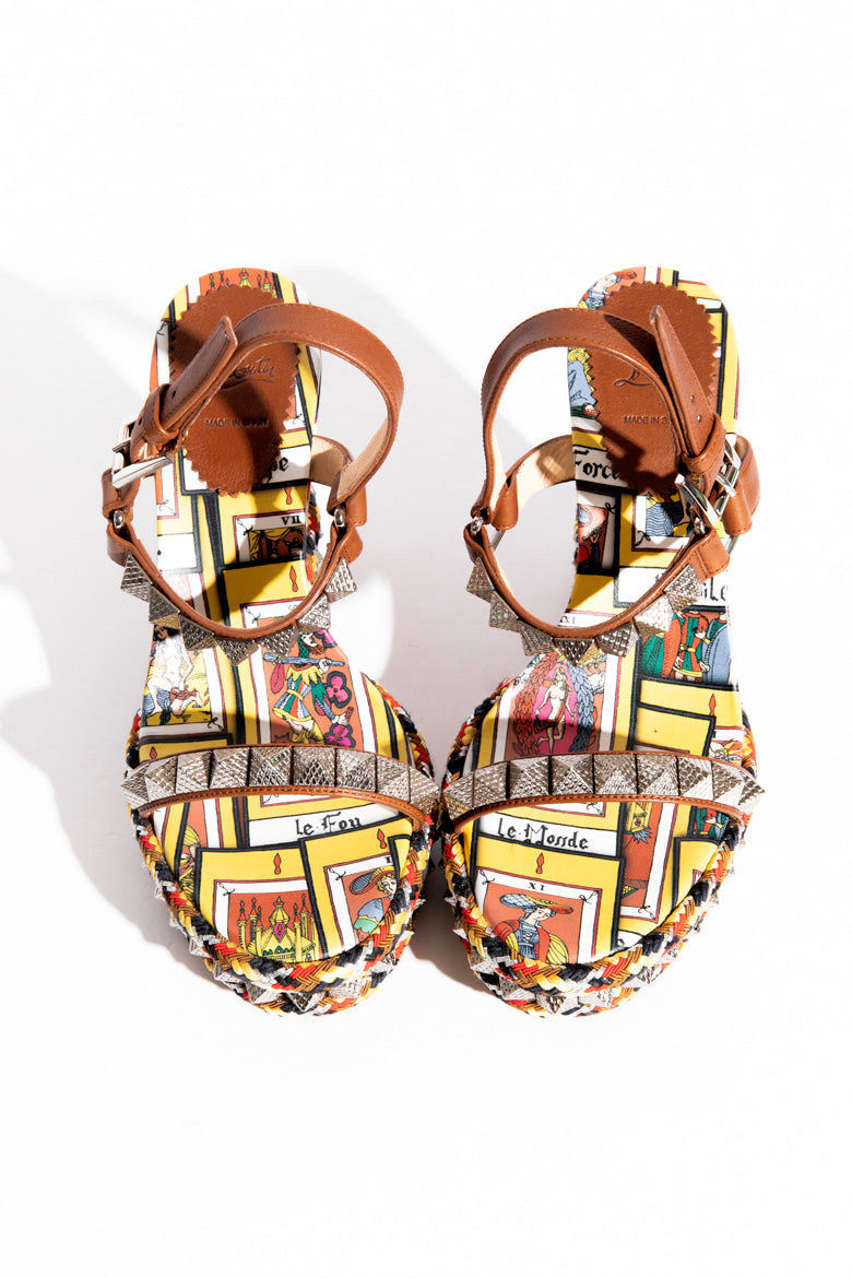 LOUBOUTIN Multi Color Pyraclou 110 Tarot Card Wedges (Sz. 37)