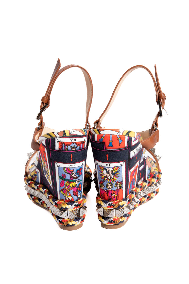 LOUBOUTIN Multi Color Pyraclou 110 Tarot Card Wedges (Sz. 37)