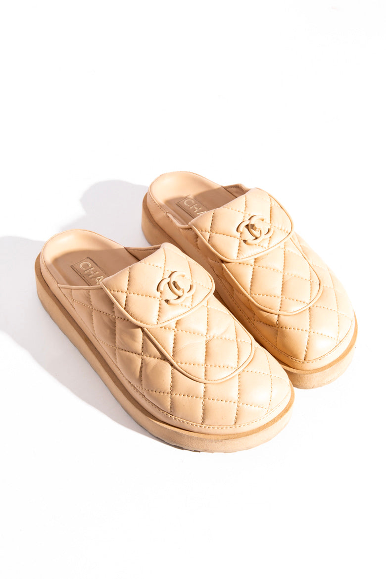 CHANEL Beige CC Turnlock Quilted Nappa Platform Mules (Sz. 38)