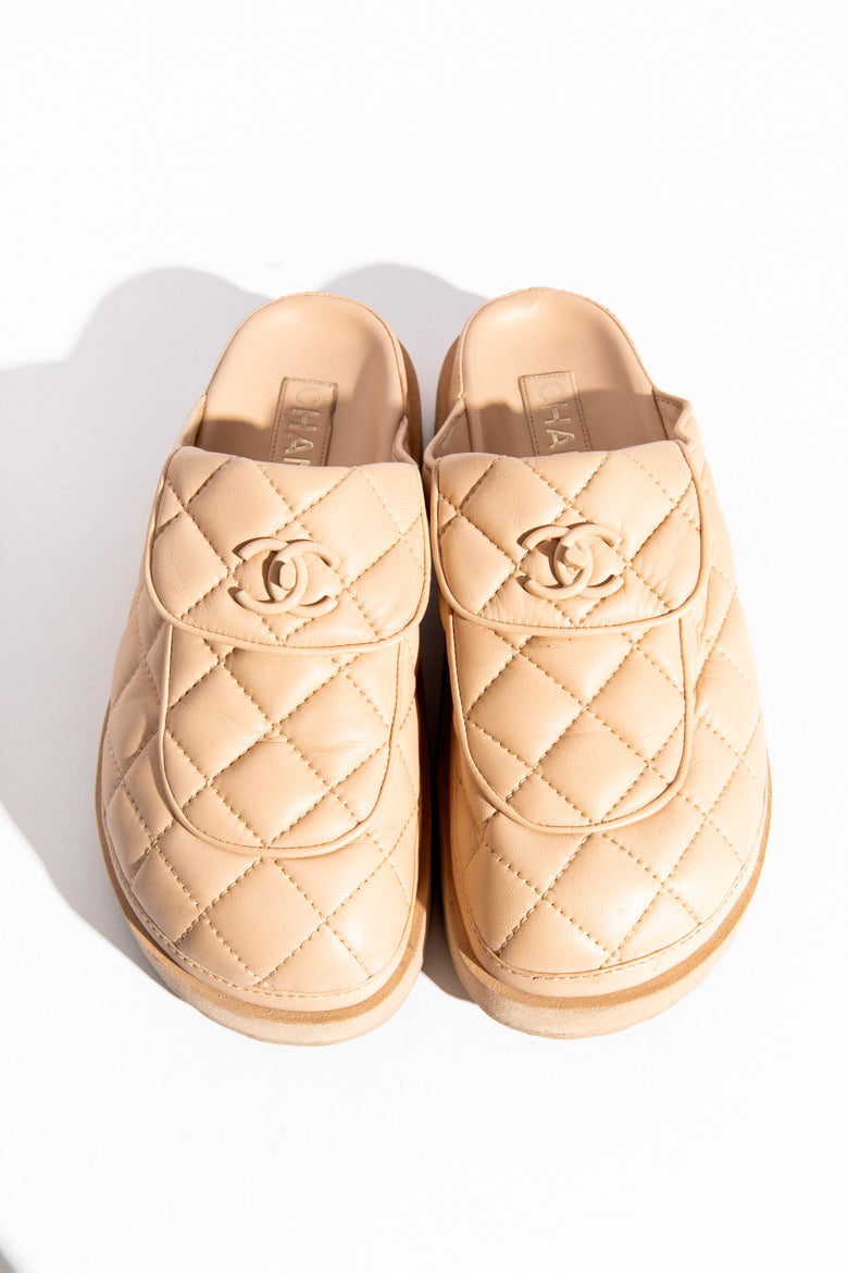 CHANEL Beige CC Turnlock Quilted Nappa Platform Mules (Sz. 38)