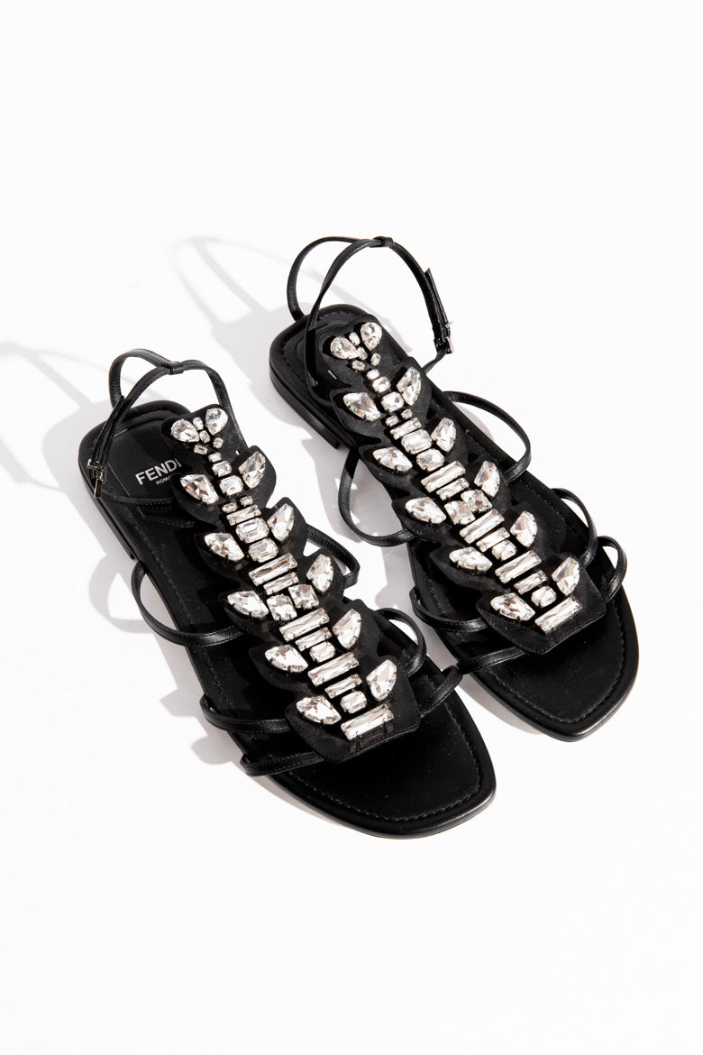 FENDI Black Crystal Embellished Gladiator Sandals (Sz. 39)