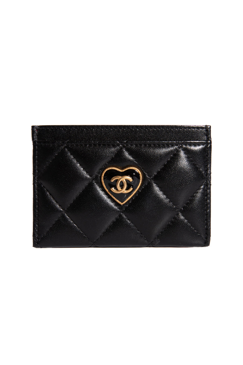 CHANEL Black Quilted Heart CC Card Case