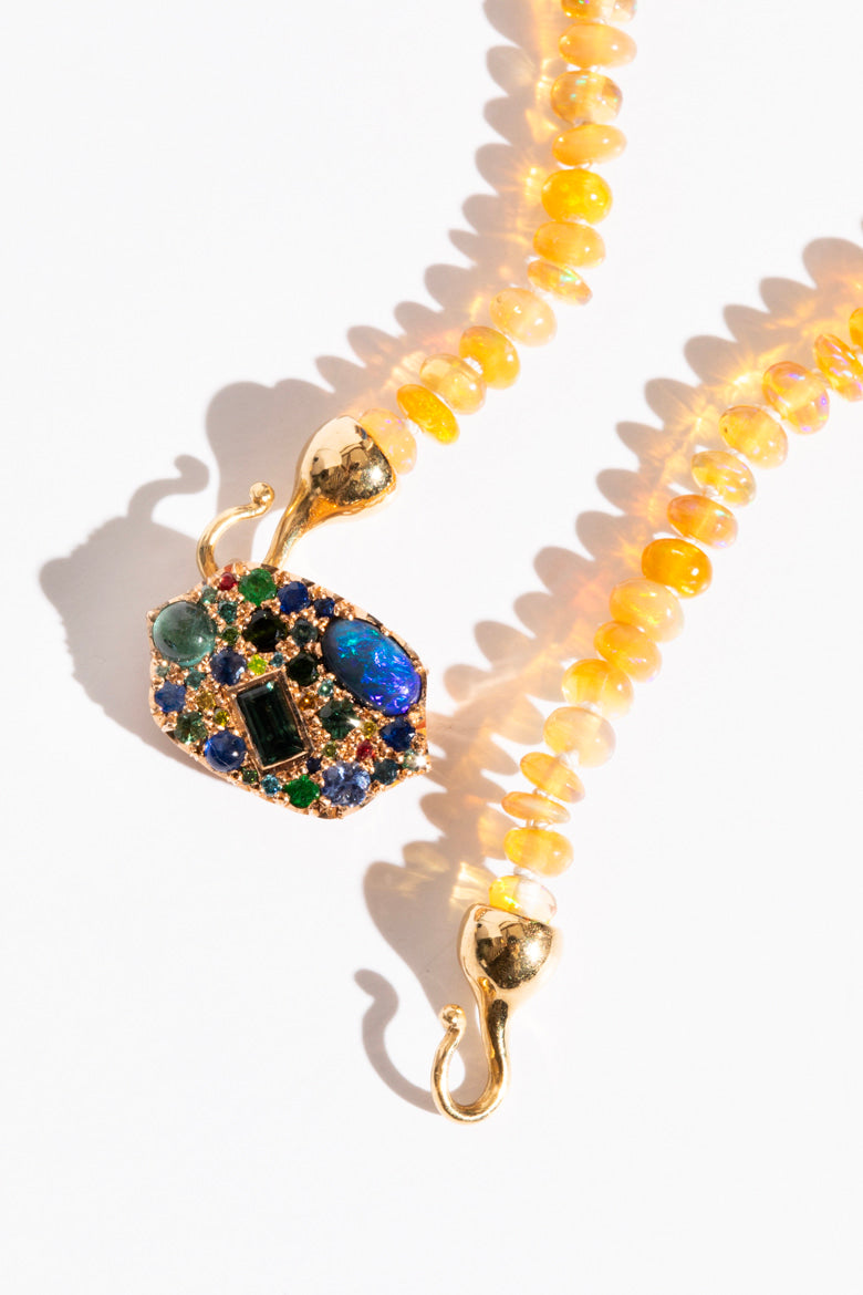 HARGREAVES 18K Sapphire & Rubies Pendant W/ Fire Opal Chain