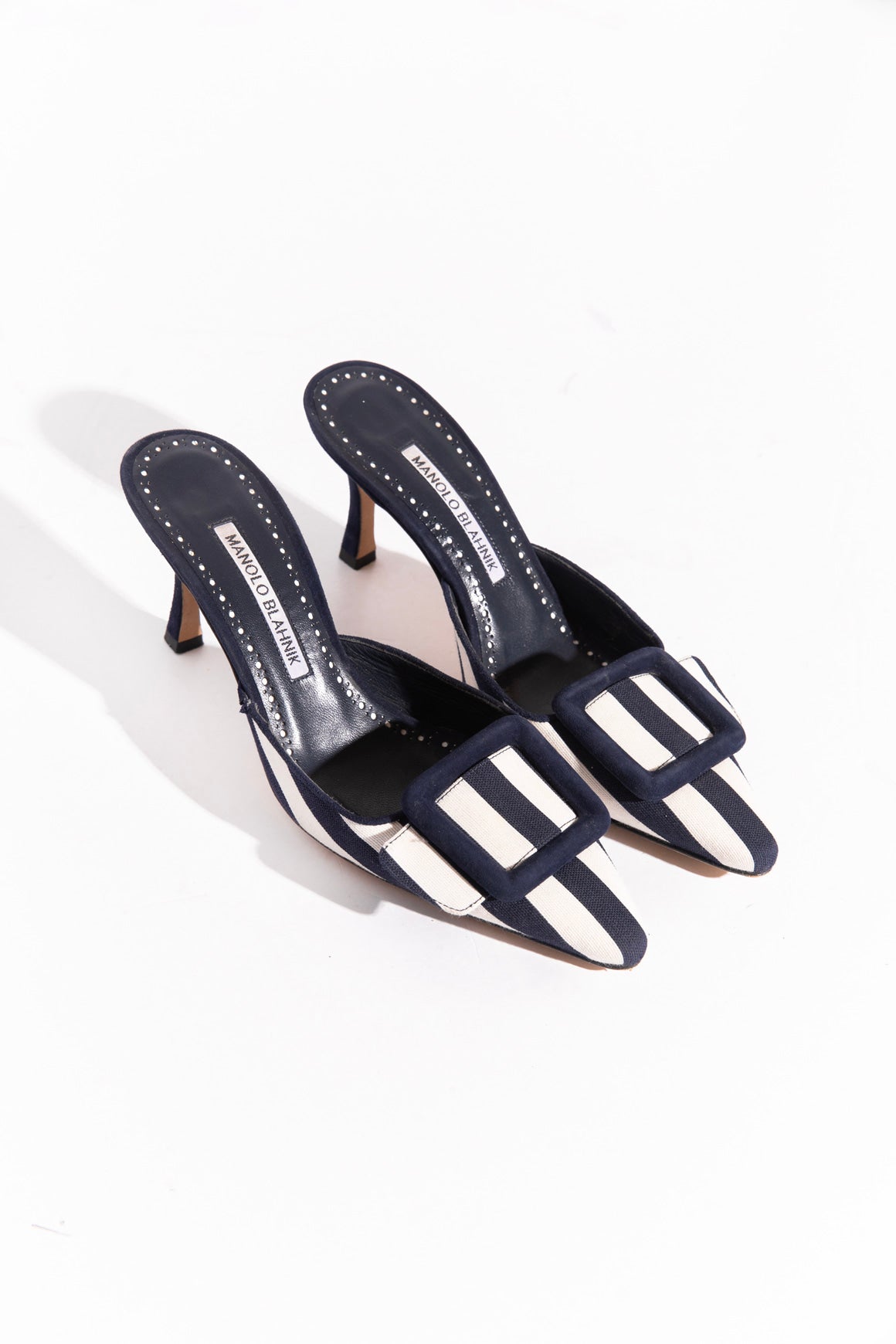MANOLO BLAHNIK Nautical Striped Canvas Mules (Sz. 36)
