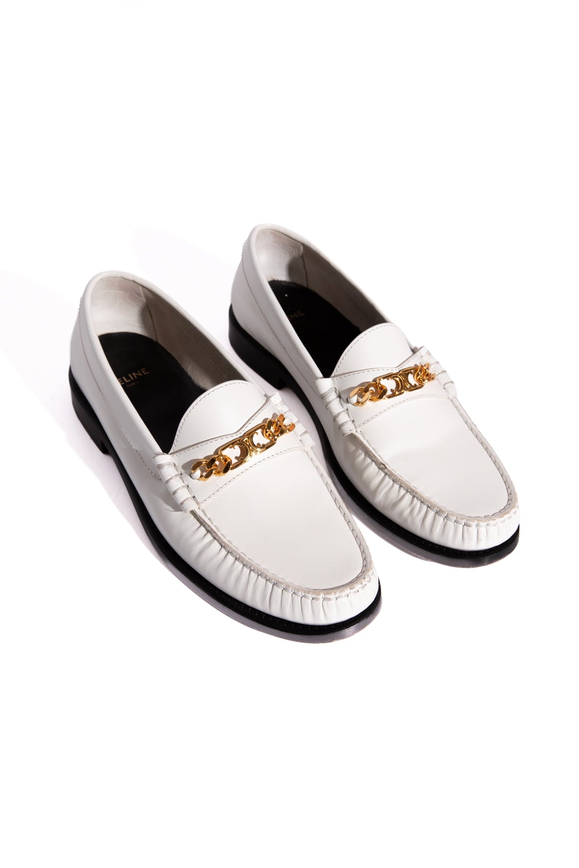 CELINE White Leather Gold Chain Link Loafers (Sz. 37)