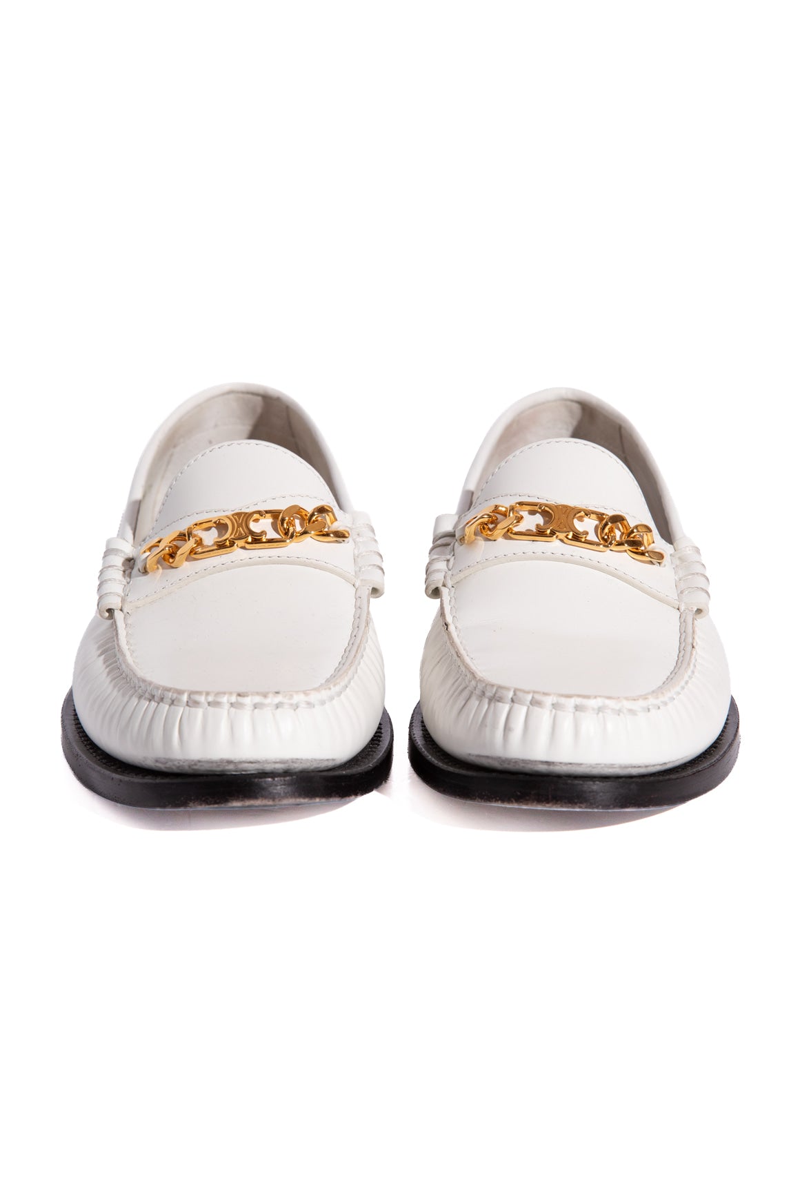CELINE White Leather Gold Chain Link Loafers (Sz. 37)